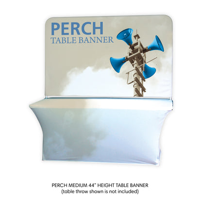 Perch table banner display for trade shows and special events with bold graphic and text