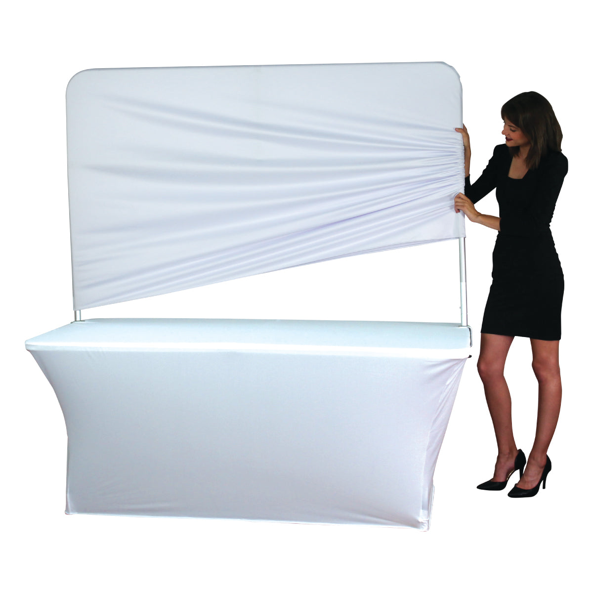 Woman setting up a fabric-covered tabletop display booth for trade shows and special events