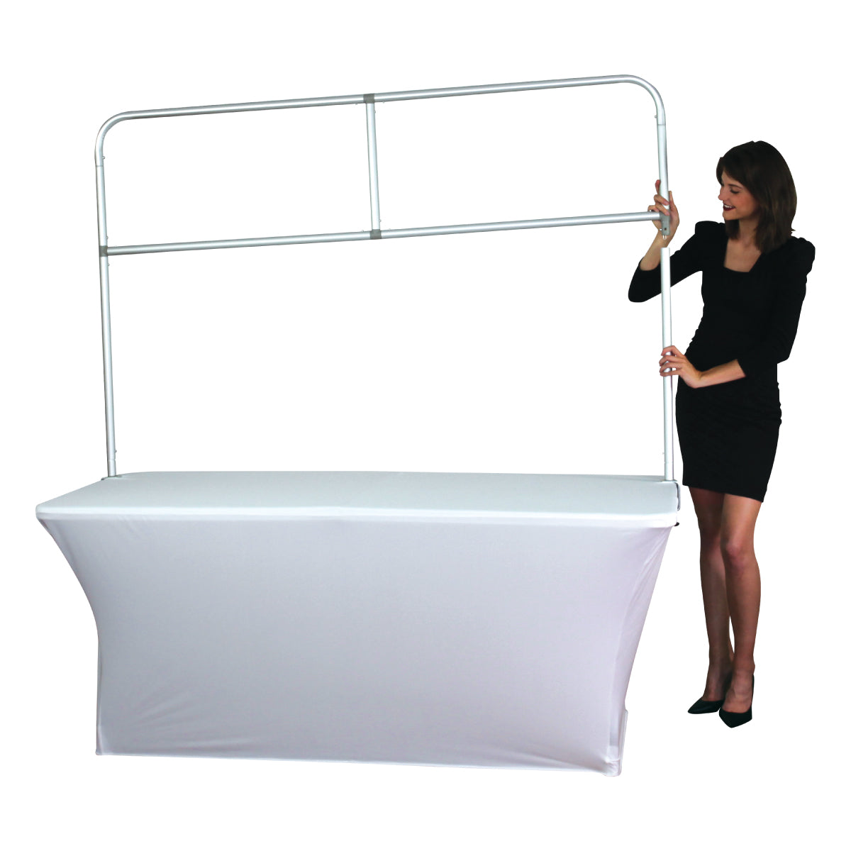 Trade show tabletop display with banner frame and fitted table cover, ideal for exhibitions and events