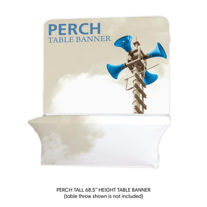 Trade show table banner display featuring a tall graphic backdrop with megaphone tower image