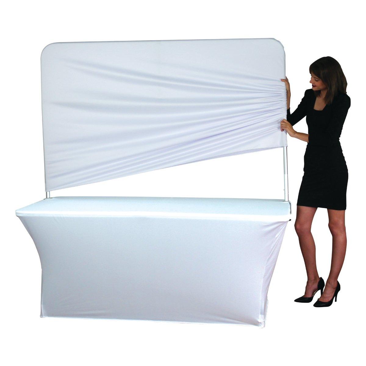 Stretch fabric trade show table cover with removable banner display for exhibitions and events
