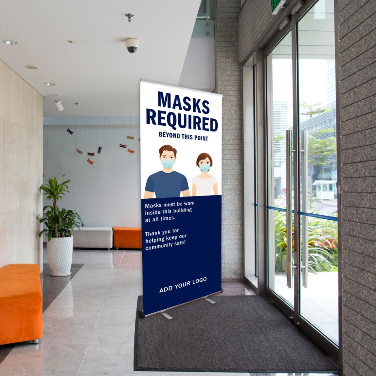 Indoor banner stand with mask requirement signage for trade shows, exhibitions, and events entrance