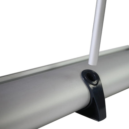 Close-up of a banner stand base and pole fitting for trade show and exhibition display
