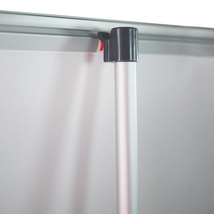 Close-up of trade show banner stand pole and top mounting bracket securing display fabric