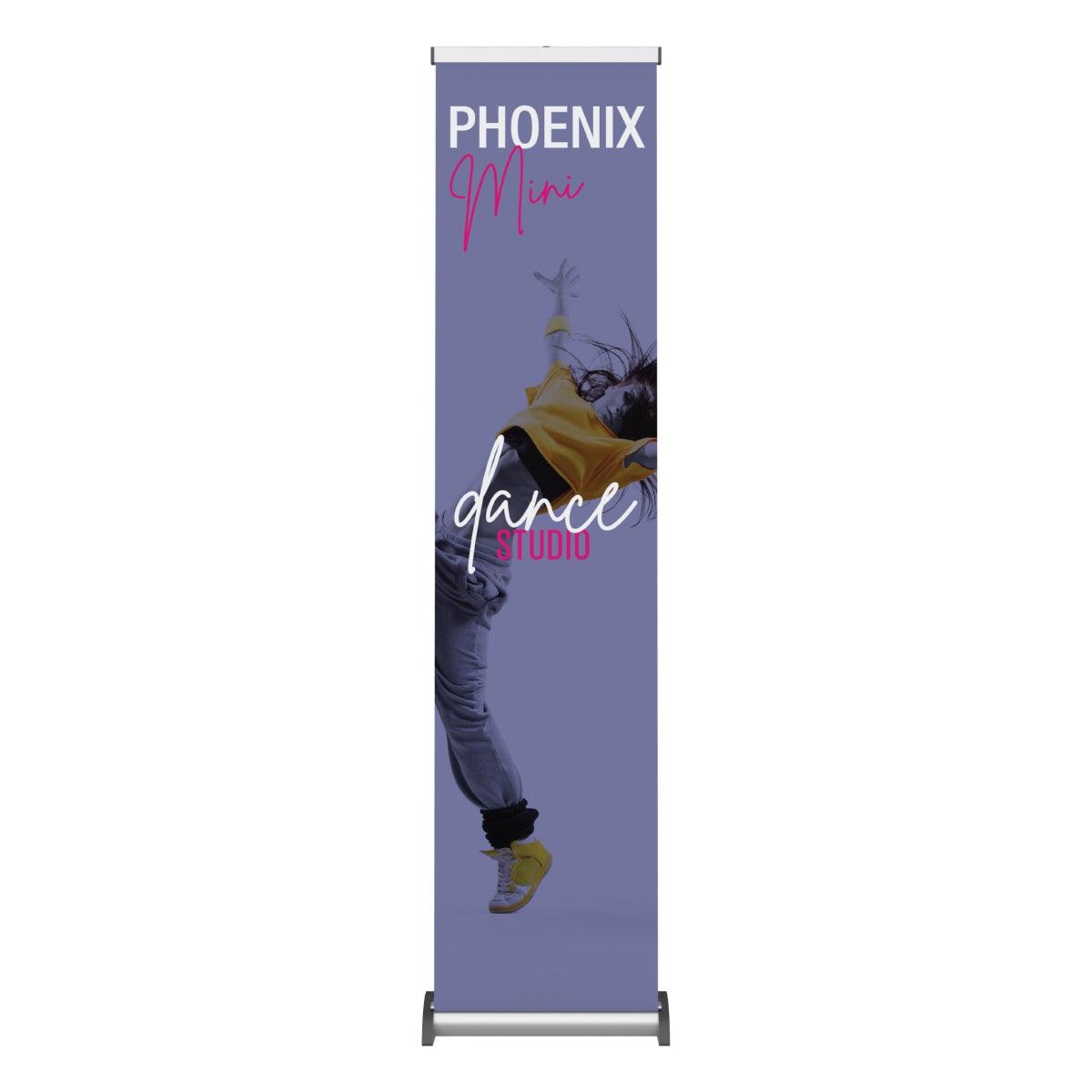 Tall banner stand for trade shows featuring dynamic dance studio promotion with dancer image