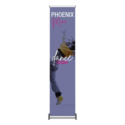 Tall banner stand for trade shows featuring dynamic dance studio promotion with dancer image