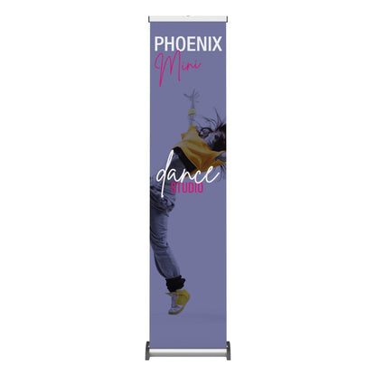 Tall banner stand for trade shows featuring dynamic dance studio promotion with dancer image