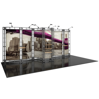 Modular truss display with shelves and cityscape graphics, ideal for trade shows and special events