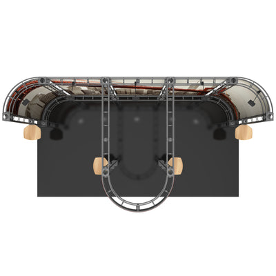 Trade show modular truss display with curved walls and canopy, ideal for exhibitions and events