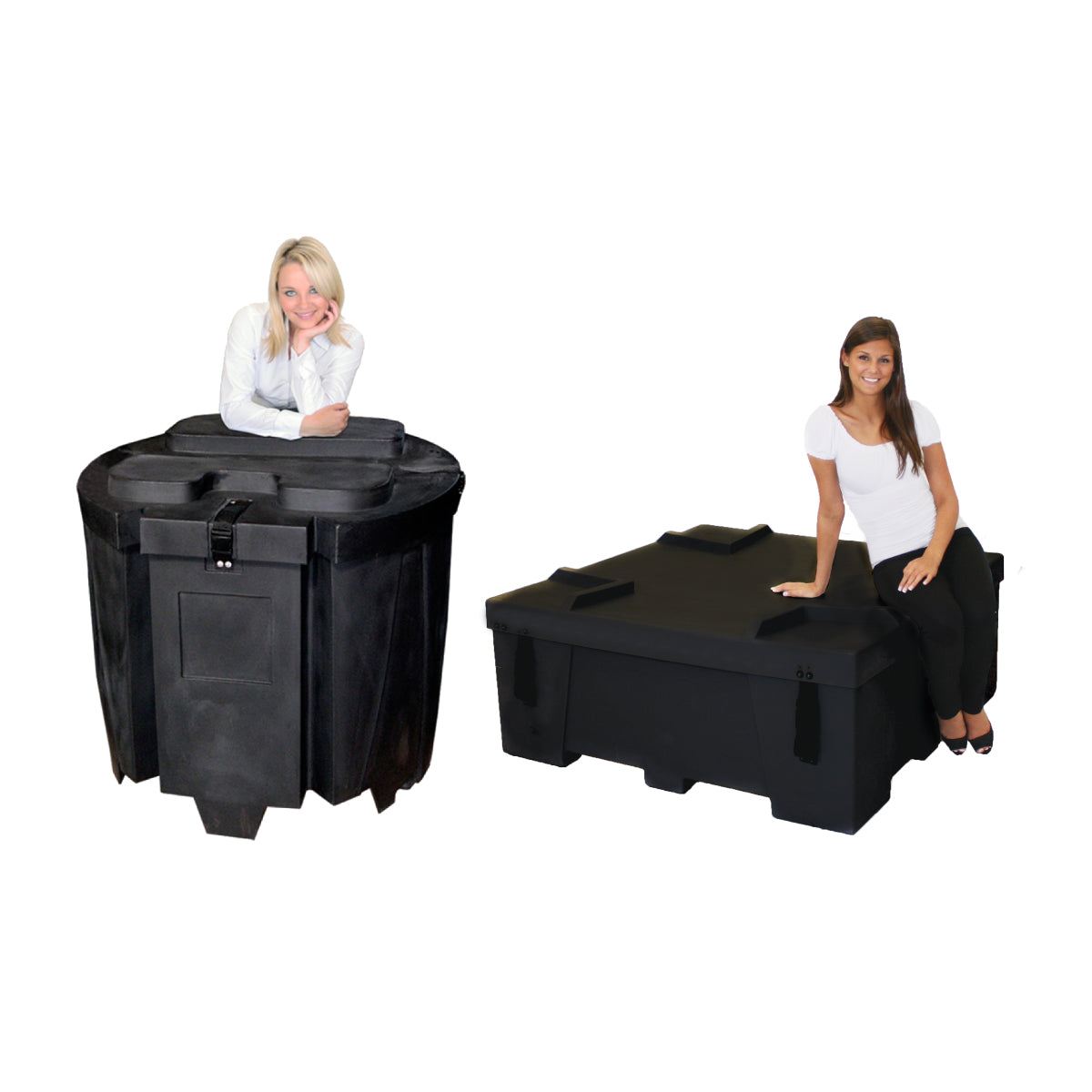 Portable display cases used for trade shows and exhibitions shown with two women for scale