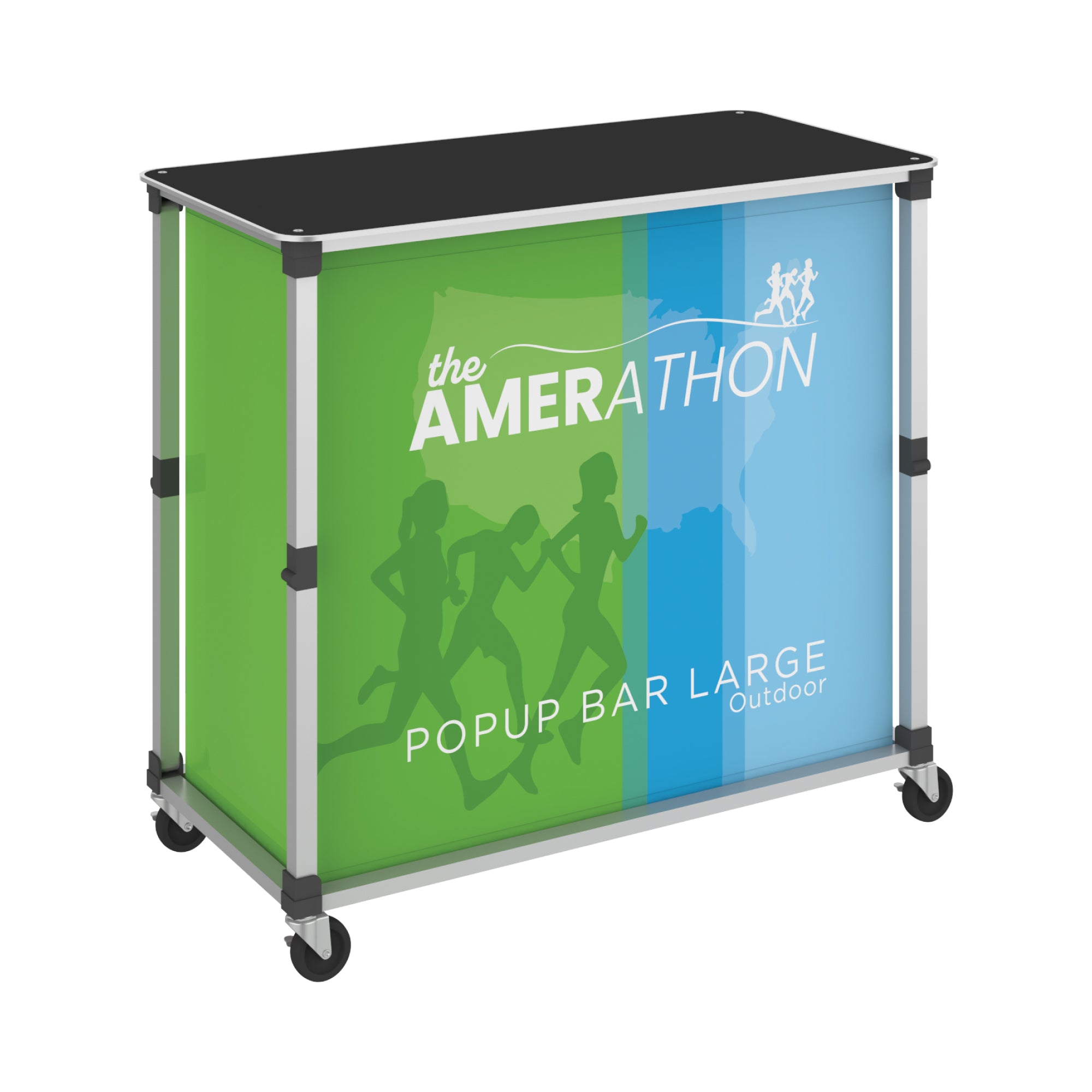 Large portable popup bar with printed sleeve featuring runners, ideal for trade shows and exhibitions