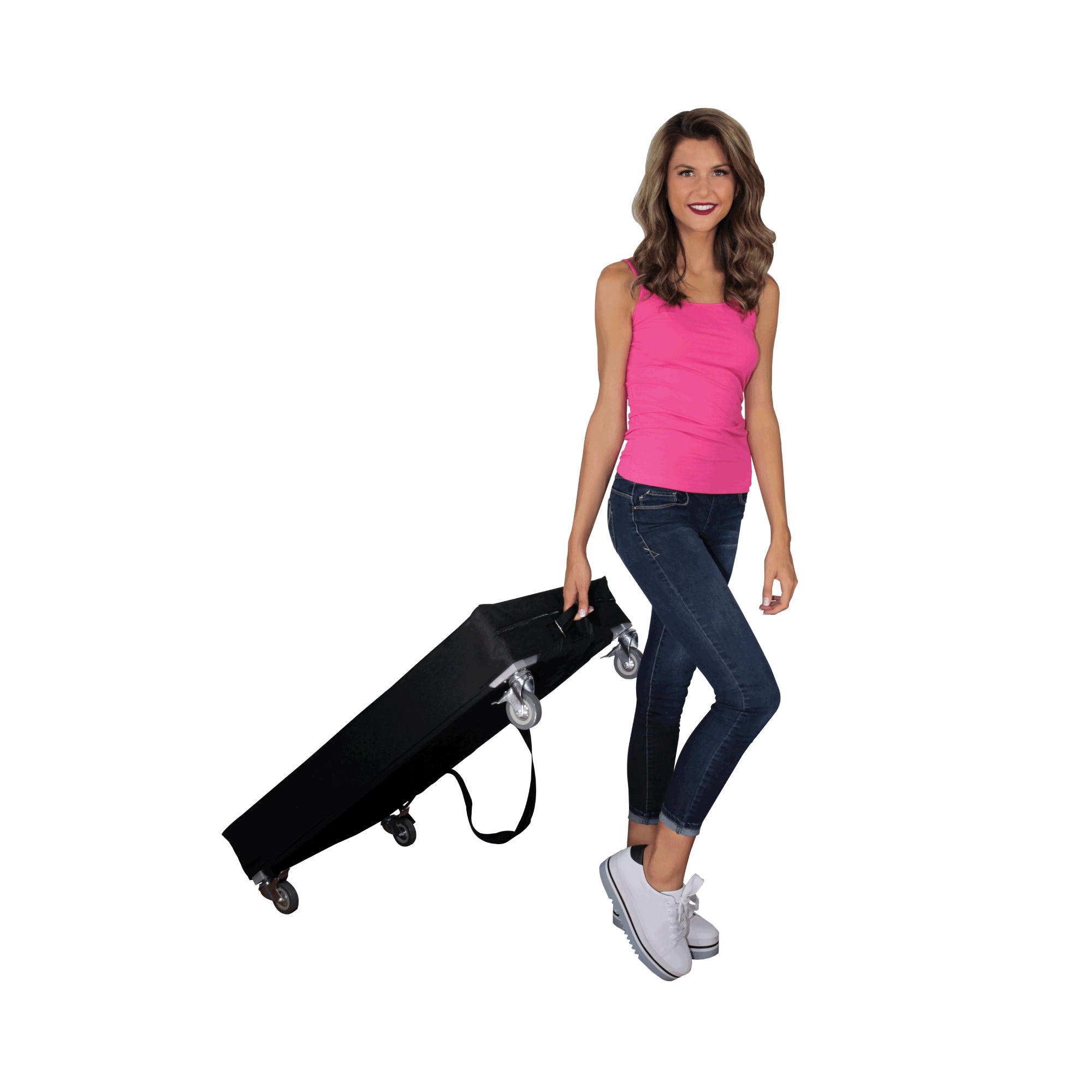 Woman pulling wheeled carrying case for trade shows and exhibitions equipment transport