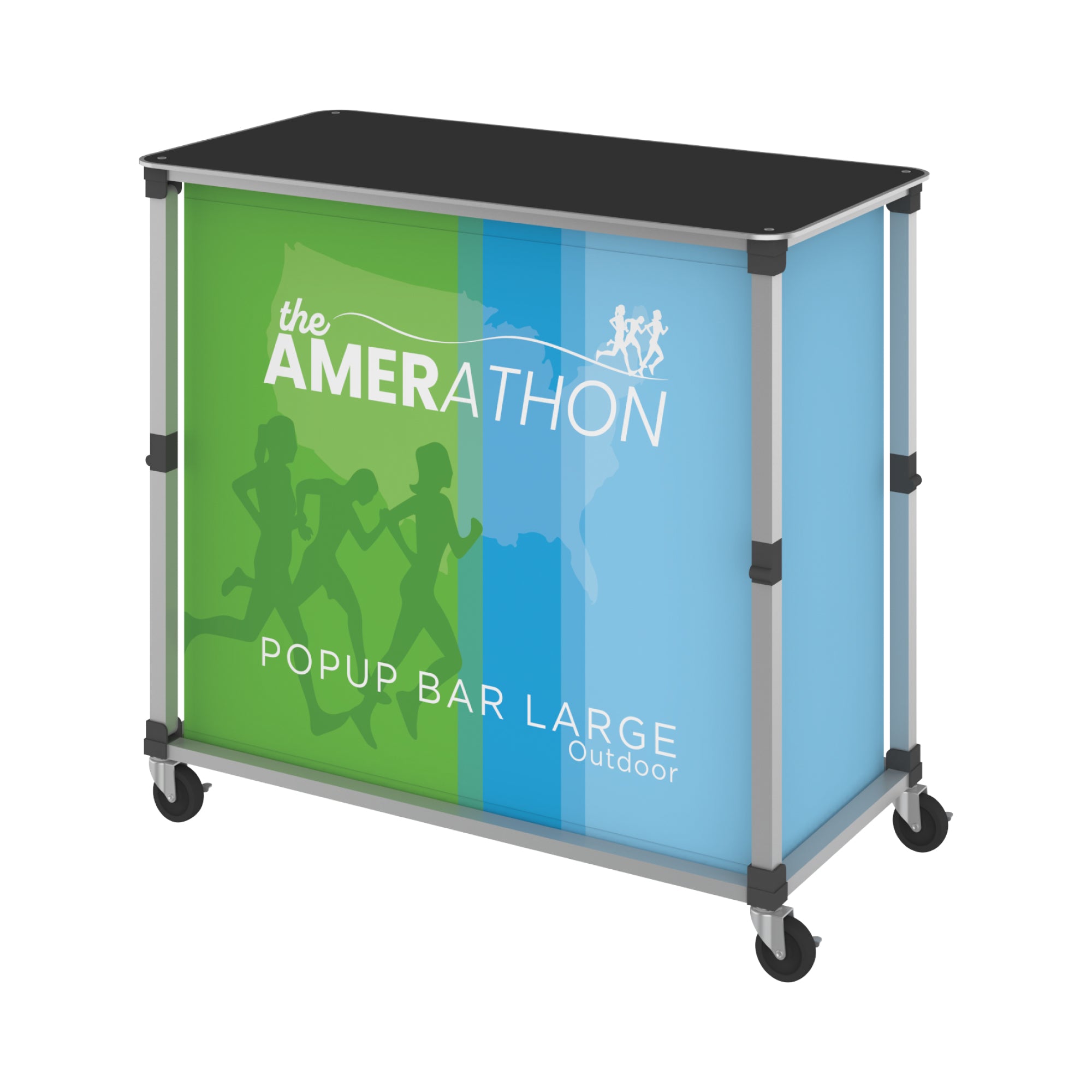 Portable popup bar with branded graphic panel featuring runners, ideal for trade shows and events