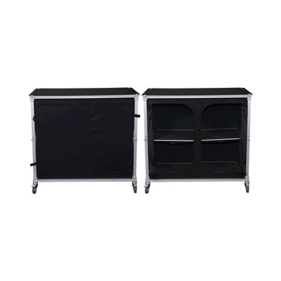 Portable trade show counters with storage shelves and wheeled design for exhibitions and events