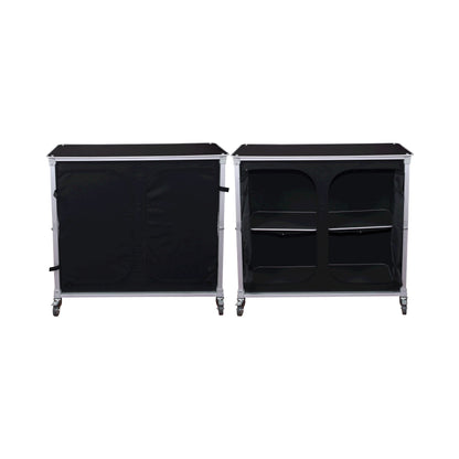 Portable trade show counters with storage shelves and wheeled design for exhibitions and events