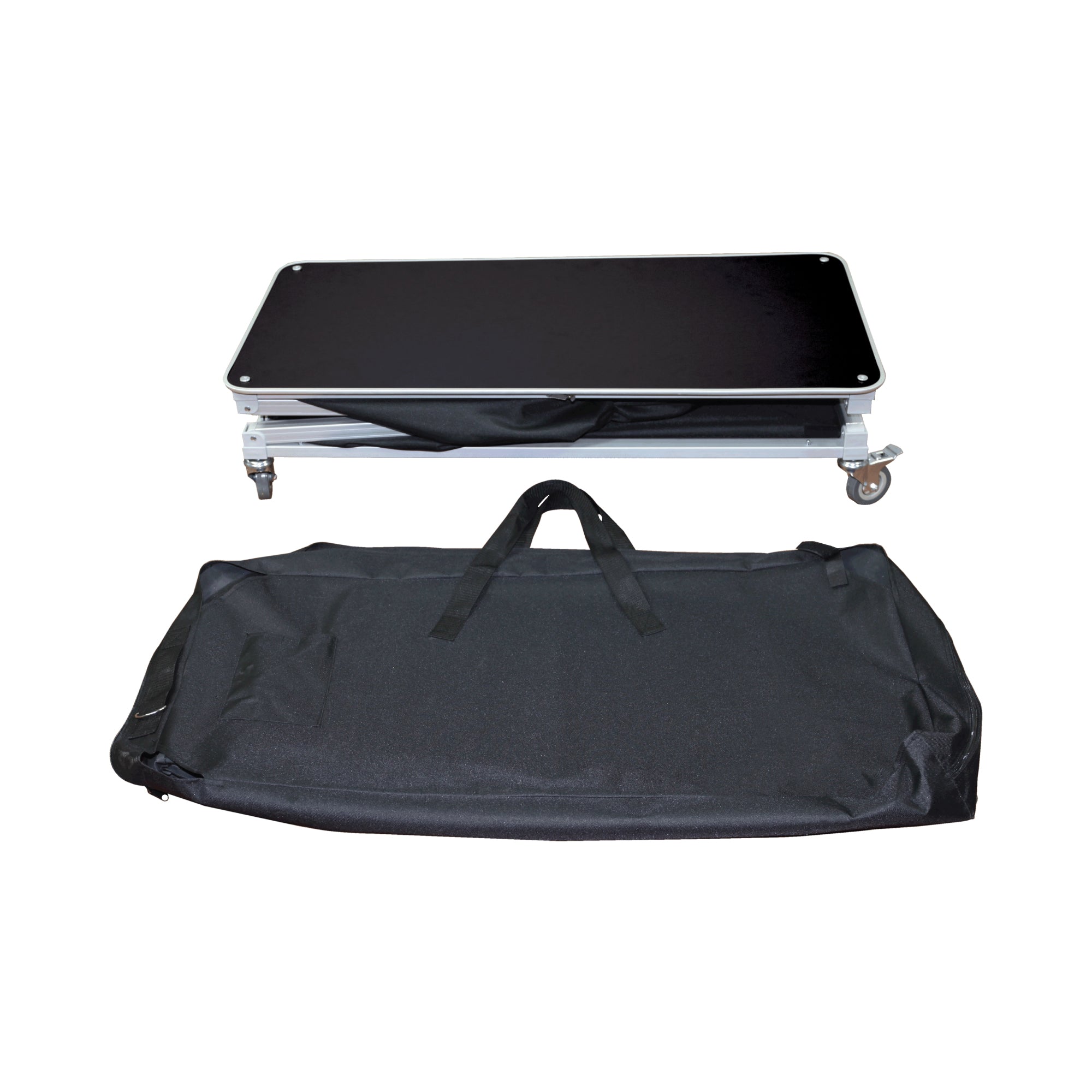 Folded portable event table on wheels with carrying bag for trade shows and exhibitions