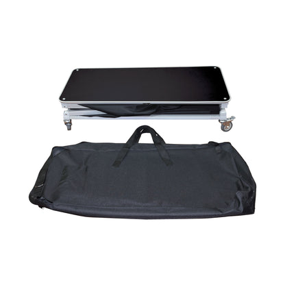 Folded portable event table on wheels with carrying bag for trade shows and exhibitions