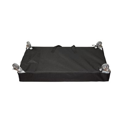 Portable trade show bar with protective cover and caster wheels for easy mobility at exhibitions and events