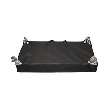 Portable trade show bar with protective cover and caster wheels for easy mobility at exhibitions and events