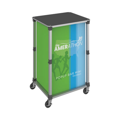 Compact mobile popup bar with branded panels for trade shows and special events