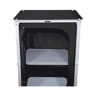 Portable trade show counter with shelves and fabric cover for exhibitions and special events