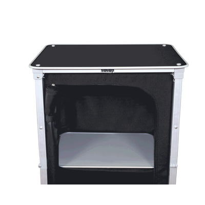 Portable trade show counter with shelf and fabric panel for exhibitions and special events