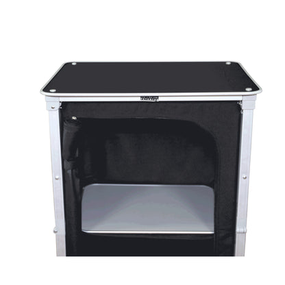 Portable trade show counter with shelf and fabric panel for exhibitions and special events