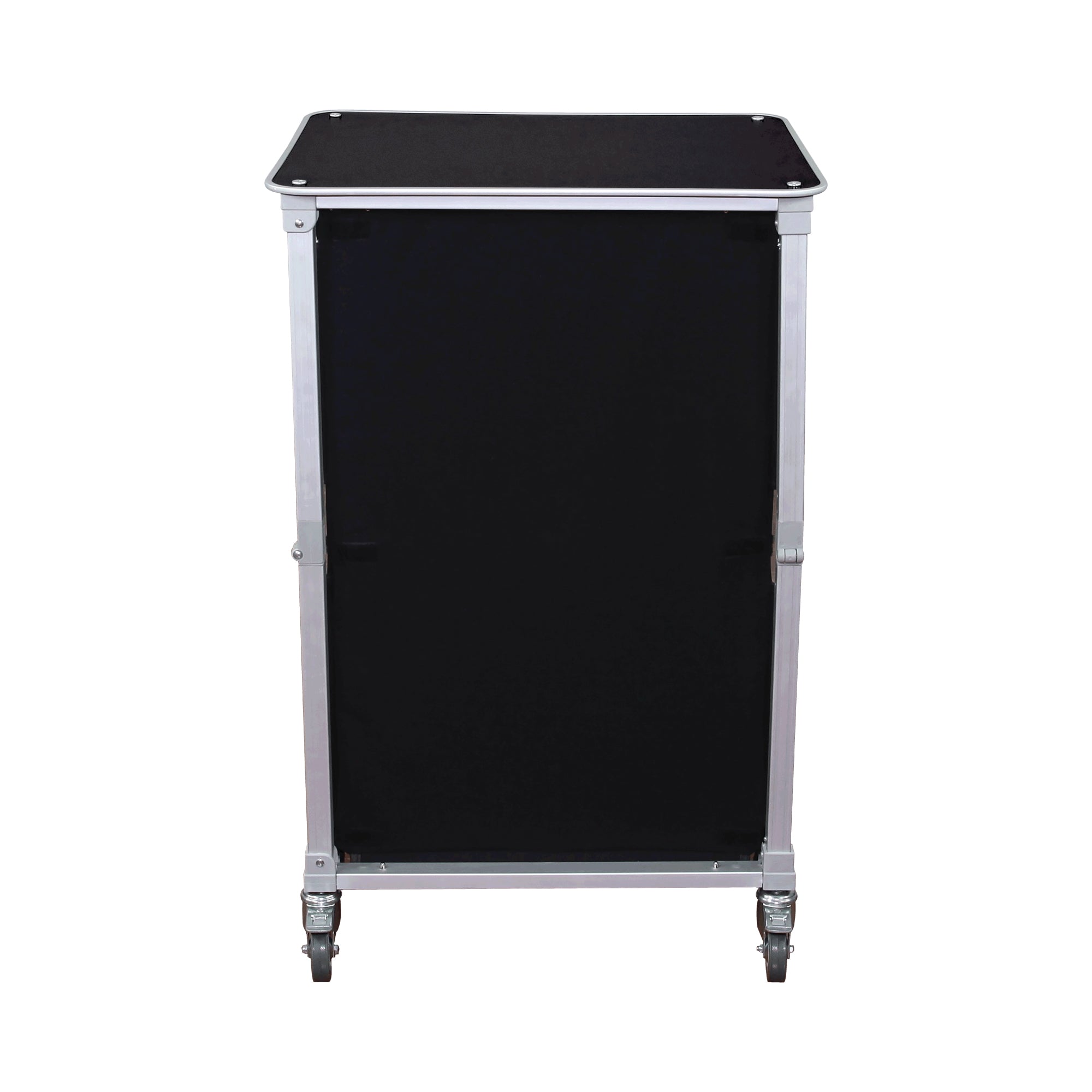 Portable trade show counter with sturdy frame and caster wheels for exhibitions and events