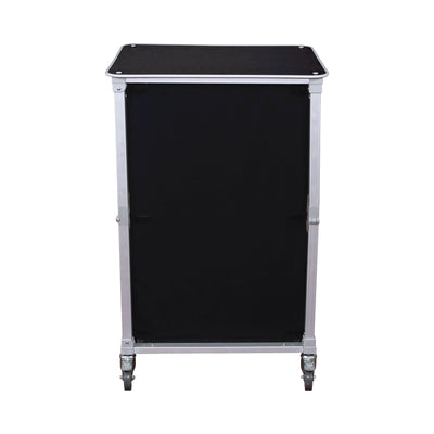 Portable trade show counter with sturdy frame and caster wheels for exhibitions and events
