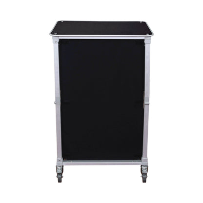 Portable trade show counter with sturdy frame and caster wheels for exhibitions and events