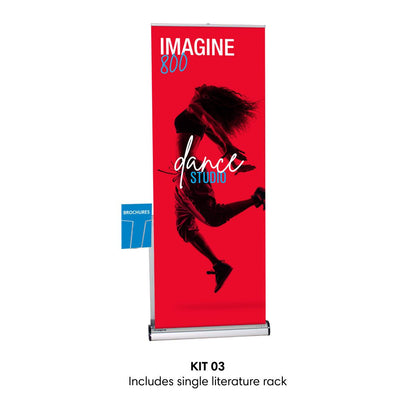 Retractable banner stand with dance studio promotion and single literature rack for trade shows and events