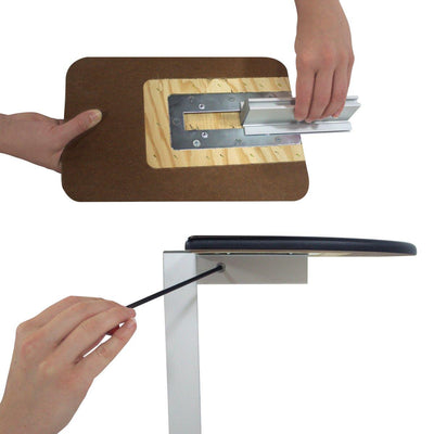 Hands assembling a banner stand accessory kit for trade show and exhibition display setup