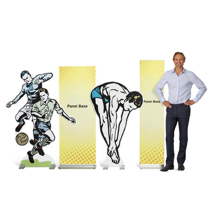 Trade show panel bases with sports-themed cutout displays and standing man for size reference