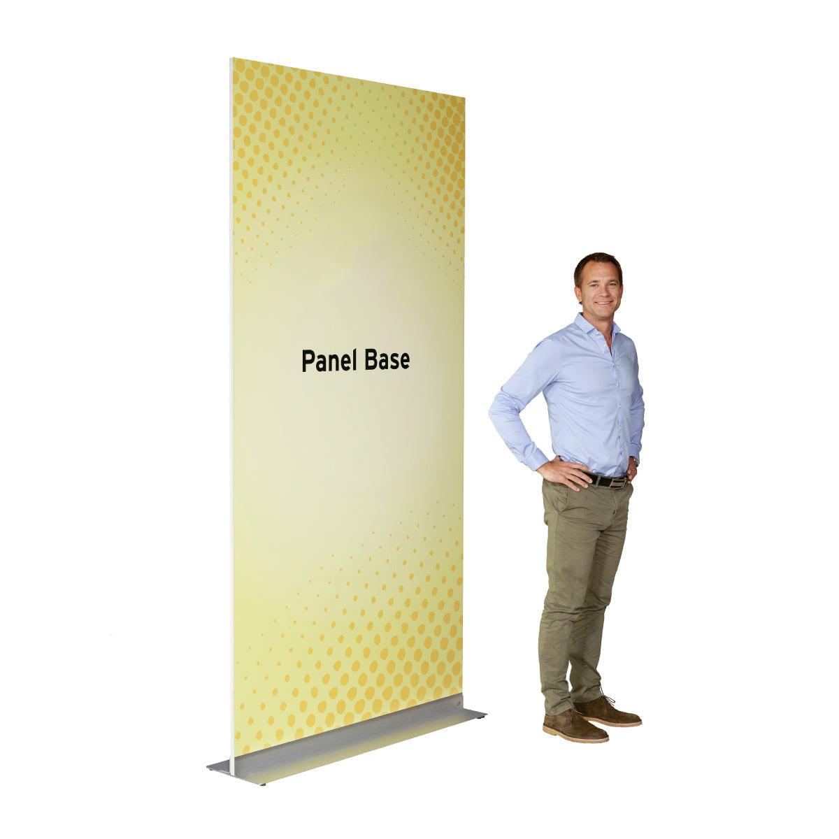 Rigid sign panel base display next to man for trade shows exhibitions and events