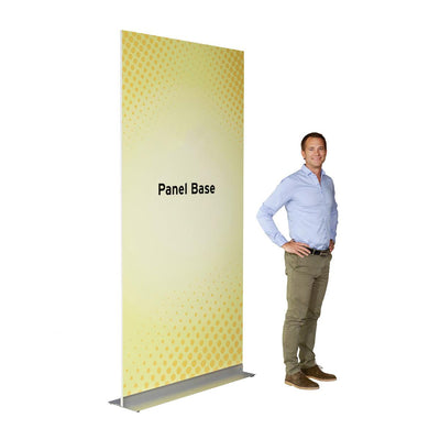 Rigid sign panel base display next to man for trade shows exhibitions and events