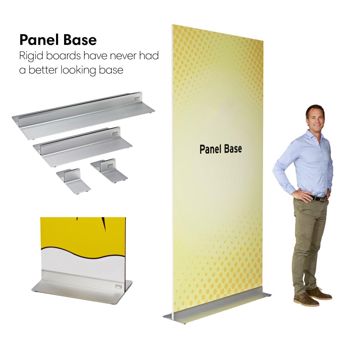 Panel base rigid sign holders displayed with trade show panel and man illustrating size for exhibitions and special events