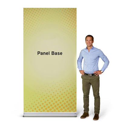 Man standing next to a retractable panel base display for trade shows and exhibitions