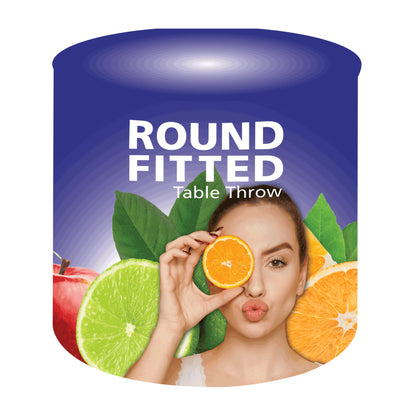 Round fitted table throw featuring a woman holding an orange slice over one eye, surrounded by citrus fruits and leaves for trade shows and events