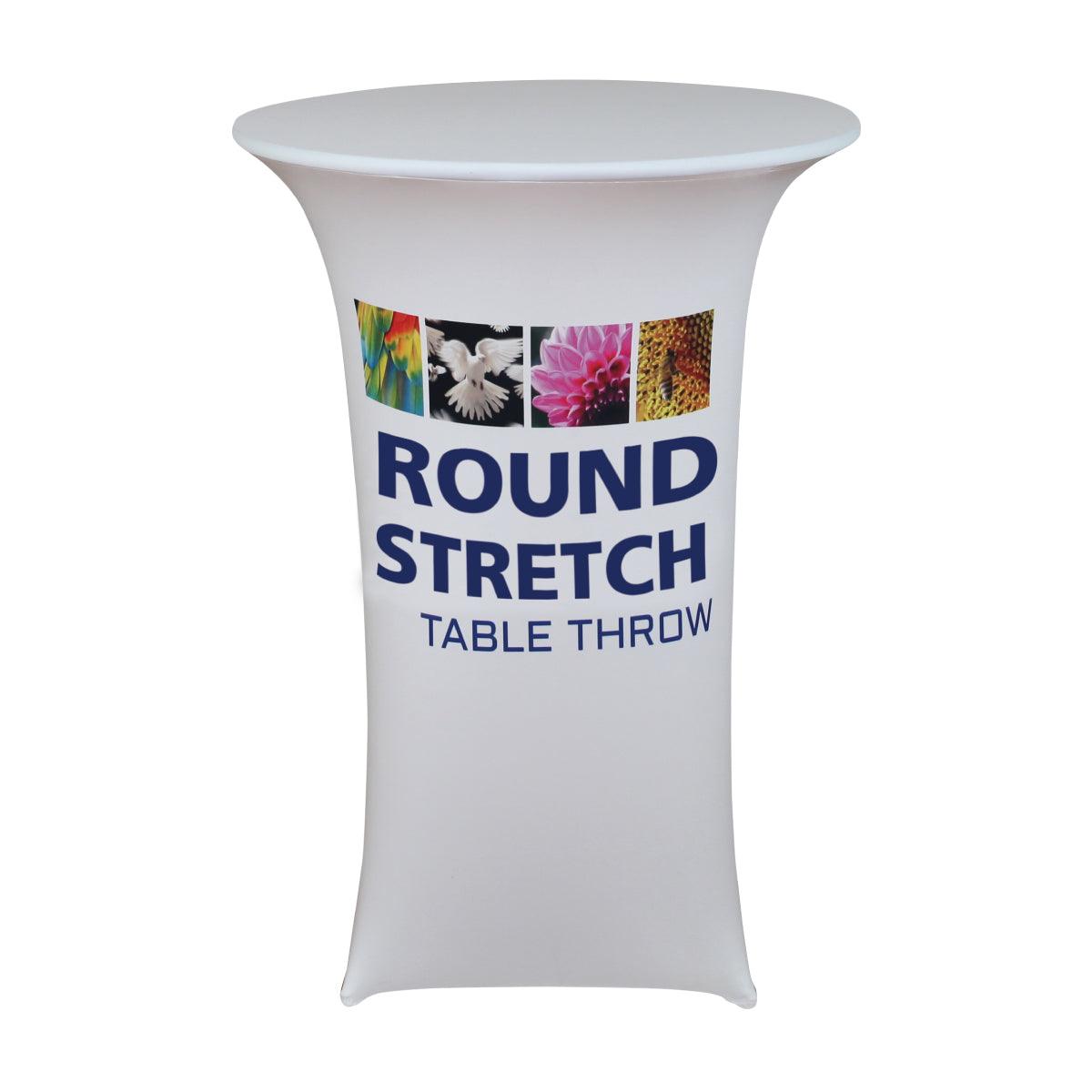 Round stretch table throw with custom printed graphics for trade shows and exhibitions