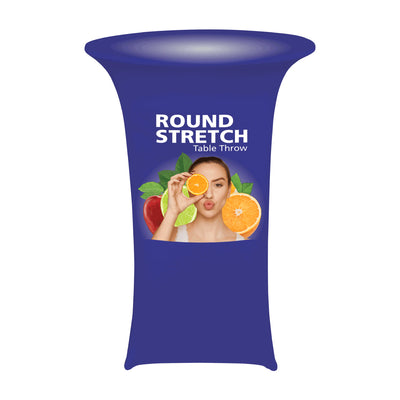 Round stretch table throw with custom fruit and woman graphic for trade shows and exhibitions