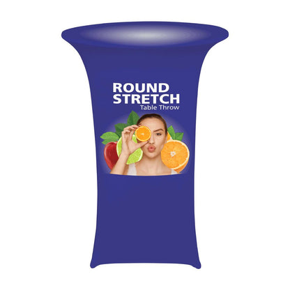 Round stretch table throw with custom fruit and woman graphic for trade shows and exhibitions