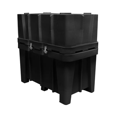 Heavy-duty plastic storage crate with secure metal latches for trade shows and exhibitions