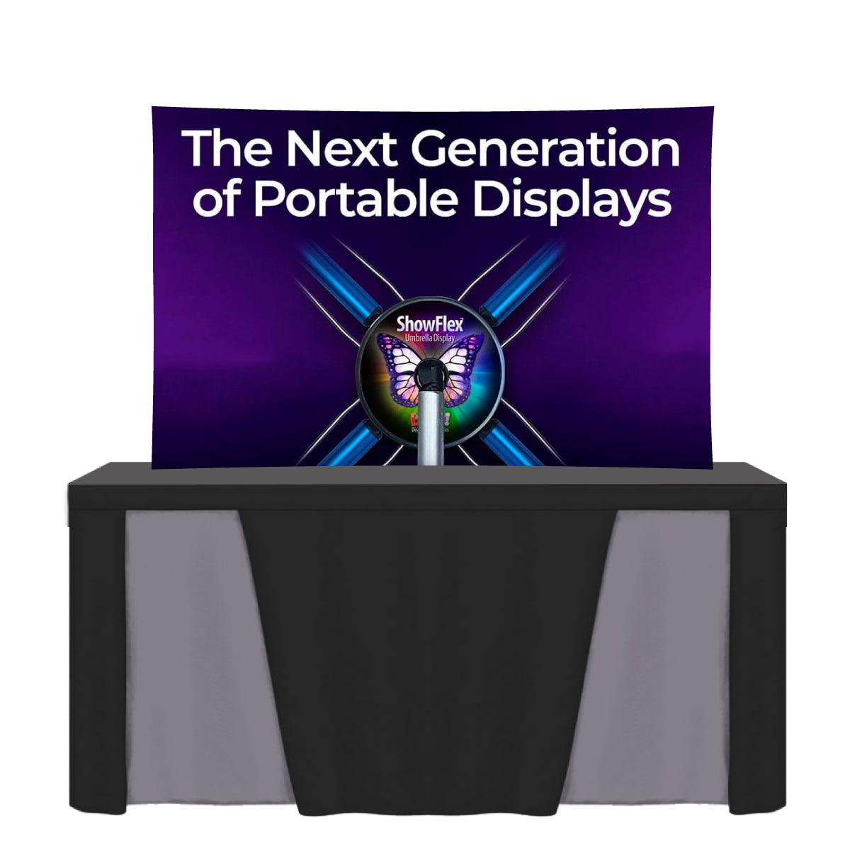 Portable tabletop trade show display with curved graphic backdrop and branded stand for exhibitions