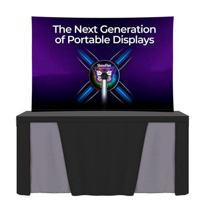 Portable tabletop trade show display with graphic panel and branded header for exhibitions and events