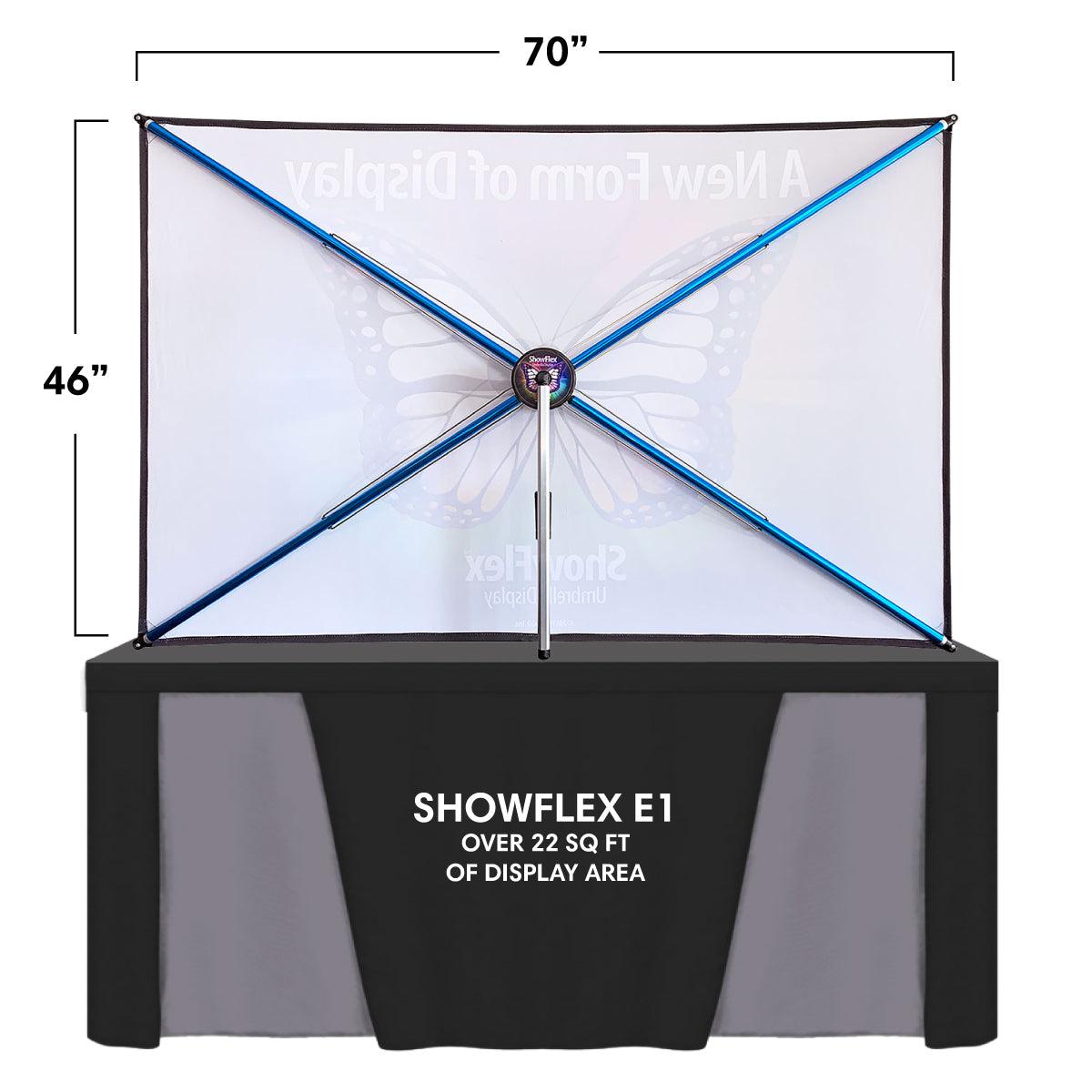 Showflex E1 tabletop display with 70x46 inch frame and 22 sq ft area for trade shows and exhibitions
