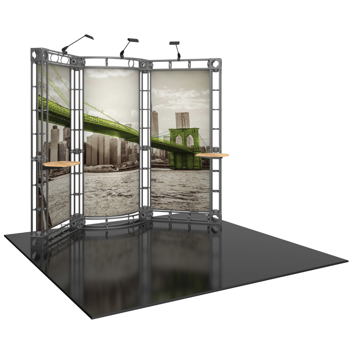 Trade show truss display with large graphic panels and adjustable lighting for exhibitions and events
