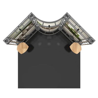 Curved truss display booth with graphic panels and podiums for trade show exhibitions