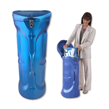 Durable shipping cases designed for trade shows and exhibitions, shown with a woman packing promotional materials