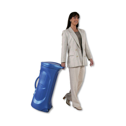 Professional woman pulling a durable wheeled shipping case ideal for trade shows and exhibitions