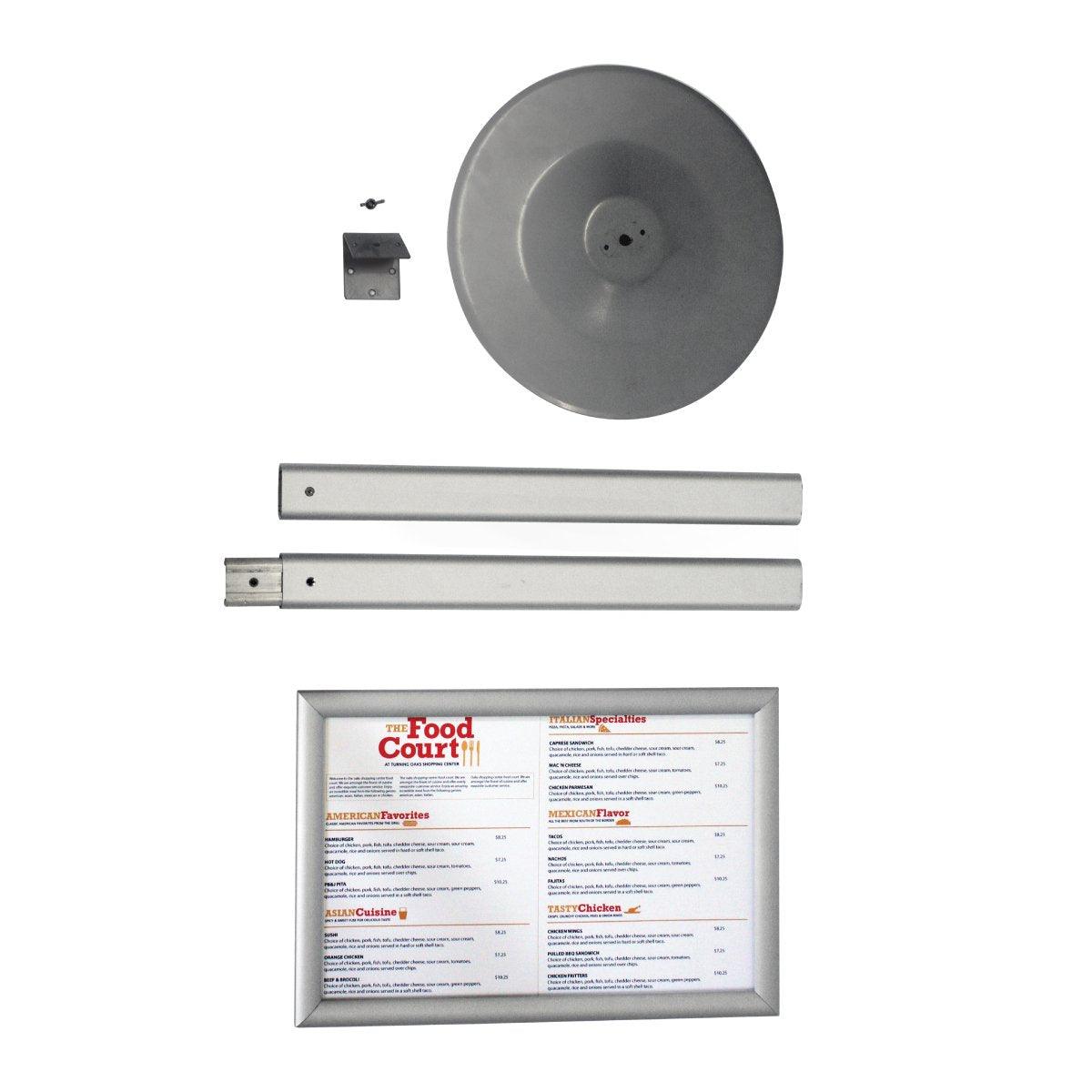 Disassembled sign stand components for trade shows including base, pole sections, sign frame with menu